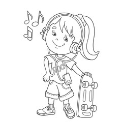 Coloring Page Outline Of girl in headphones with  skateboard