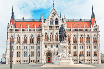 Fototapeta premium Hungarian Parliament with statue Andrassy Gyvla. Budapest.