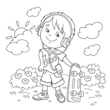 Coloring Page Outline Of  boy in headphones with  skateboard