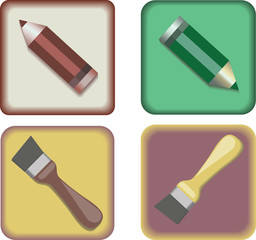 Vector image. The four icons. Pencils and brushes on a transparent background.