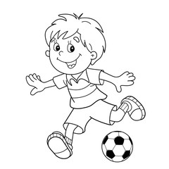 Coloring Page Outline Of cartoon boy with a soccer ball. Footbal