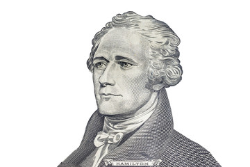 "Alexander Hamilton" face on US ten or 10 dollars bill macro, un