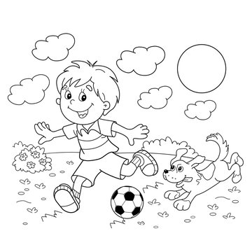 Coloring Page Outline Of cartoon boy with a soccer ball with dog
