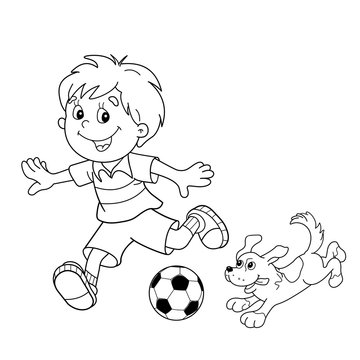 Coloring Page Outline Of cartoon boy with soccer ball with dog.