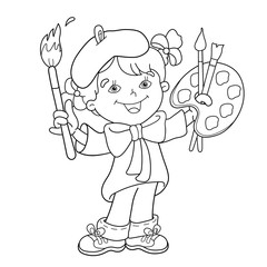 Coloring Page Outline Of cartoon girl artist with paints.