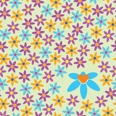 The backdrop of brightly colored flowers. Cheerful background with simple colors. Background pattern with cartoon flowers.