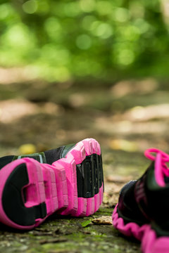 sport shoes in the forest on a footpath
