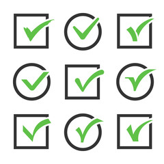 Check mark icon boxes vector set. Sign of confirmed check mark and positive check mark illustration