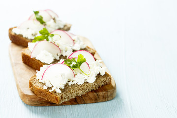 Sandwiches with fresh cheese and radish