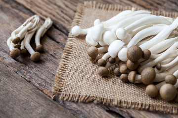 shimeji mushrooms on sackcloth and wooden background