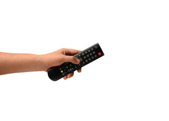 Hand holding remote control. Isolated on white