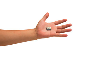 Hand holding chip card isolated on white