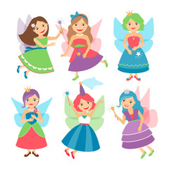 Little fairy girls whith wings and in ball dresses. Vector illustration