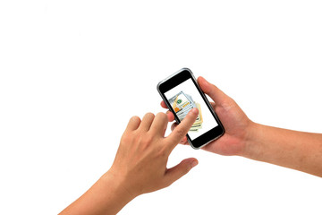 Hand holding Smartphone show screen display isolated on white