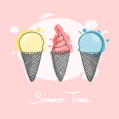 Three ice creams, hand drawn vector object illustration, summertime vector icon