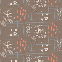 Rustic hand drawn flower coffee-colored seamless pattern. Line style florals and rough smears design for cotton or linen textile. 