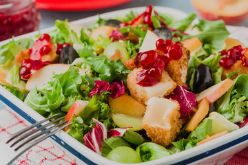 Fresh French salad with baked camembert, cranberries and fresh f