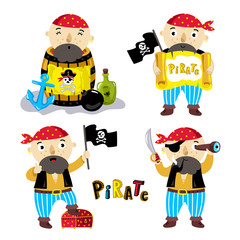 Vector pirate cute characters with marine elements on a white background