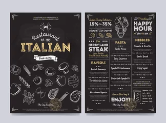 Fotobehang Italian restaurant cafe menu template design on chalkboard background vector illustration © studioworkstock