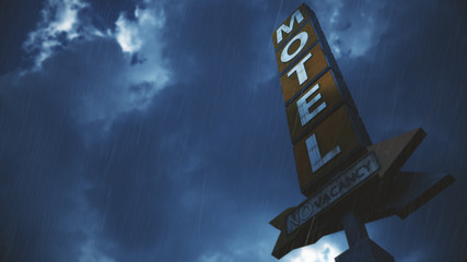 Old Grungy Motel Sign in Rain.Real Clouds Timelapse and 3D Design Composite - obrazy, fototapety, plakaty