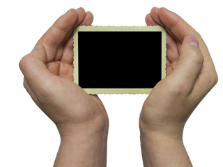 man holding a blank retro photo