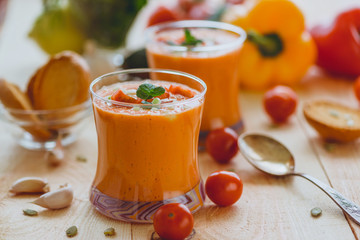 A refreshing cold gazpacho in glassware