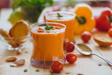 Fresh cold tomato soup in glassware