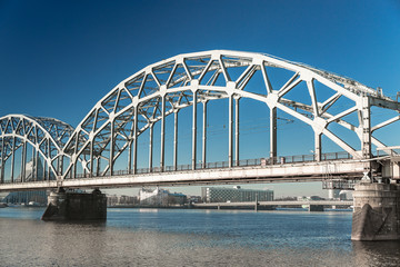 A view of the Railway Bridge over Daugava River in Riga, Latvia