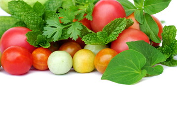 set of fresh fruit and vegetable on a white background. green mint,tomato,coriander,cucumber, green leaf vegetable