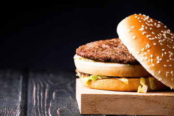 Burger full face with vegetables.