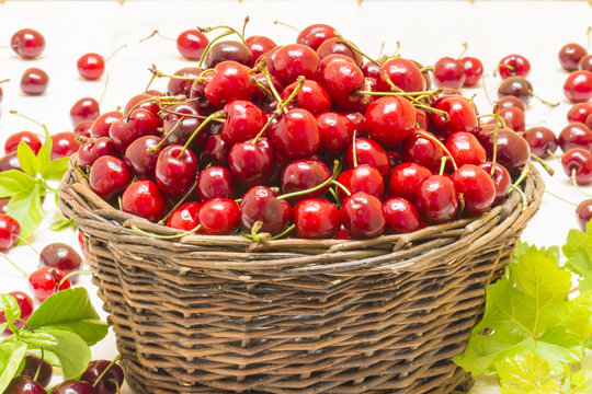 cerezas en la cesta, cesta con maduras y dulces cerezas