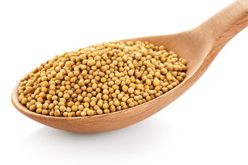 Mustard seeds on wooden spoon isolated on white background.