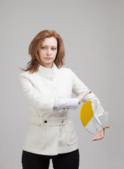 Woman shows a pie chart, circle diagram. Business analytics concept.