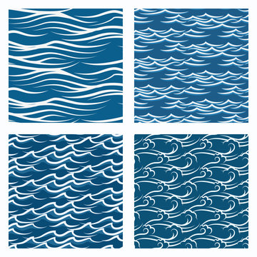 Vector seamless blue waves abstract pattern set