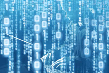 hacker at work with graphic user interface around
