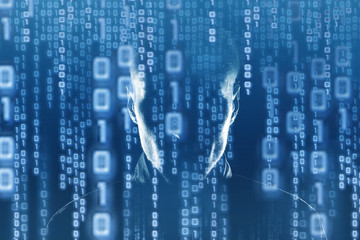 hacker at work with graphic user interface around