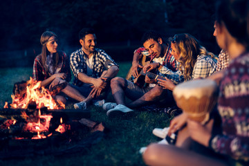 Friends enjoying music near campfire - obrazy, fototapety, plakaty