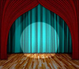  lighting on stage. curtain and wooden floor interior background