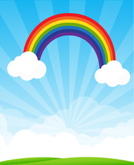 Sunburst and blue sky and rainbow background with copyspace vect