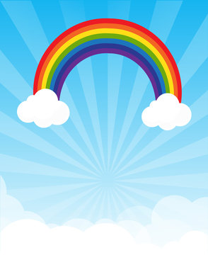 Sunburst and blue sky and rainbow background with copyspace vect