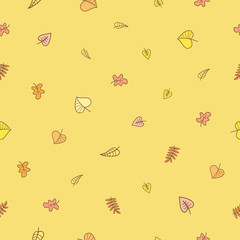Seamless pattern with falling leaves on  yellow  background. Autumn season. Vector image.