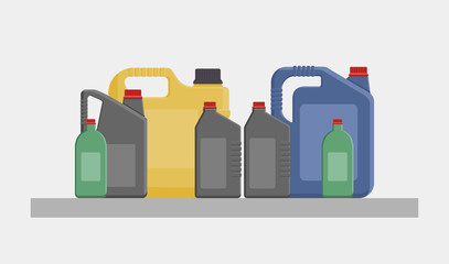Vector flat illustration of different canisters and bottles with engine or motor oil isolated on white background.