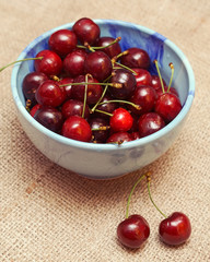 Fresh cherries berries in blue bowl; selective focus