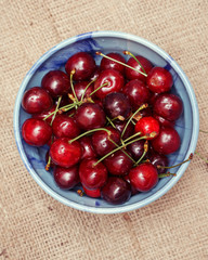 Fresh cherries berries in blue bowl