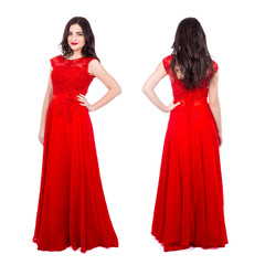 front and back view of young beautiful woman in red dress isolat