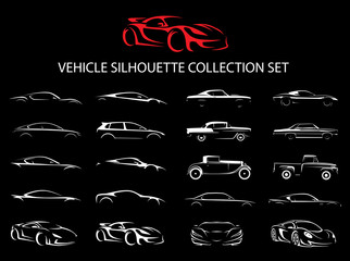 Concept supercar and regular car vehicle silhouette collection set. Vector illustration. - obrazy, fototapety, plakaty