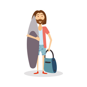 Surfer ready to travel. Hipster Man goes on vacation with surfboard. Surfer cartoon isolated