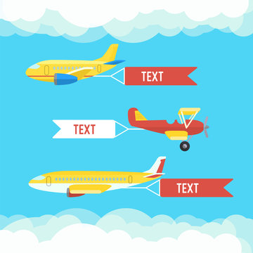 Aeroplane, planes and biplane. Set of colorful flat airplanes with cloud.