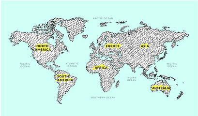 Vector of World Map Ink and Pen Style on Blue Background