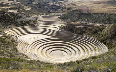 Fototapeta na wymiar Moray ancient circular terraces. Inca Experimental Agriculture S